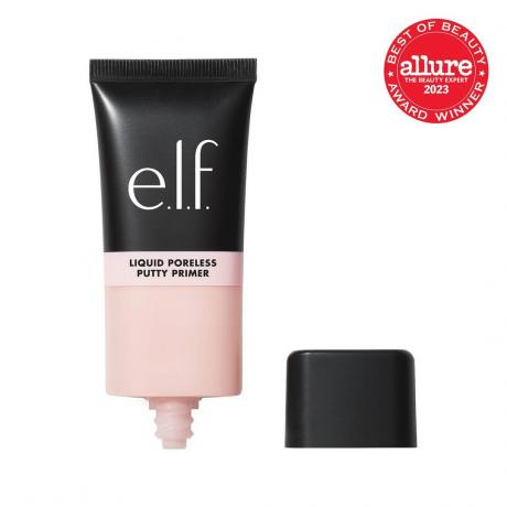 E.L.F. Cosmetics Liquid Poreless Putty Primer črna in bledo rožnata tuba primerja za obraz s pokrovčkom ob strani na belem ozadju z rdečim pečatom Allure BoB v zgornjem desnem kotu