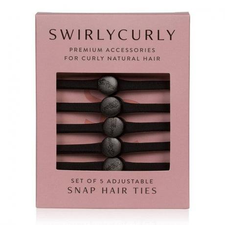 SwirlyCurly Snap Hair Ties kaste uz balta fona