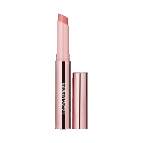 Laura Mercier High Vibe Lip Color tabung lipstik merah muda terang dengan tutup terbuka di latar belakang putih