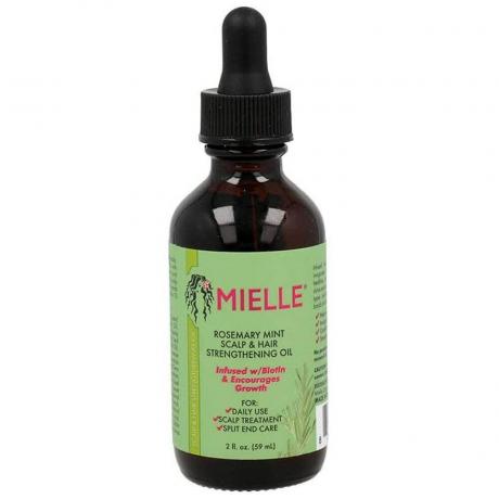 Mielle Organics ローズマリー ミント グロース オイル、白い背景に緑のラベルが付いた茶色のチンキ剤