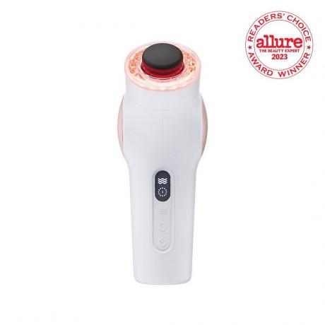 Dispositivo di massaggio facciale a LED portatile bianco TheraFace Pro con sigillo RCA bianco e rosso nell'angolo in alto a destra su sfondo bianco