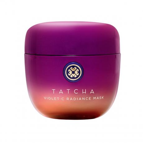 Tatcha Violet-C Radiance Mask gradiens rózsaszín és narancssárga tégely fehér alapon