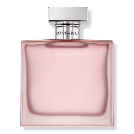 Ralph Lauren Beyond Romance Eau de Parfum, rosa quadratische Parfümflasche mit silberner Kappe auf weißem Hintergrund
