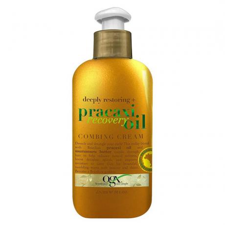 OGX Deeply Restoring + Pracaxi Recovery Oil Anti-Frizz Leave-In Kamcrème op een witte achtergrond