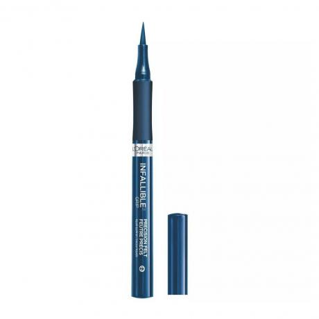 L'Oréal Paris Infallible Grip Precision Felt Waterproof Eyeliner stylo eye-liner liquide bleu avec capuchon sur le côté sur fond blanc
