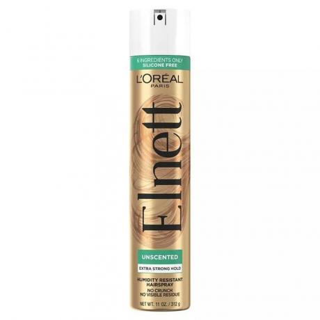 L'Oréal Paris Elnett hårspray guld spraybehållare på vit bakgrund