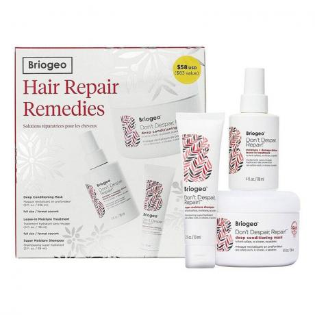 Das Briogeo Don’t Despair, Repair Hair Repair Remedies Geschenkset auf weißem Hintergrund