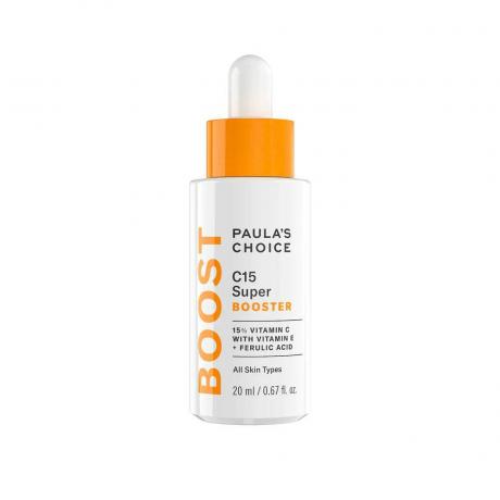 Paula'nın Seçimi C15 C Vitamini Süper Güçlendirici, beyaz arka planda turuncu ve beyaz kapaklı beyaz şişede