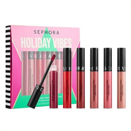 Sephora Collection Holiday Vibes krēmveida lūpu traipu komplekta fotoattēls, kurā ir sešas dažādas šķidras lūpu krāsas uz balta fona