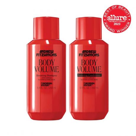 Ендрю Фіцсімонс Body Volume Shampoo + Conditioner дві червоні пляшки на білому тлі з червоною печаткою Allure BoB у верхньому правому куті