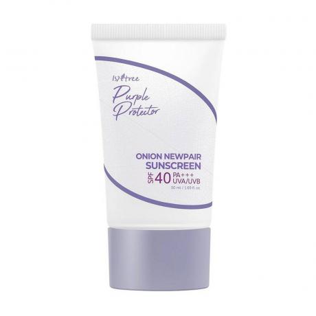 Isntree Purple Protector Onion Newpair Crème solaire SPF 40 PA+++ tube blanc avec capuchon violet clair sur fond blanc