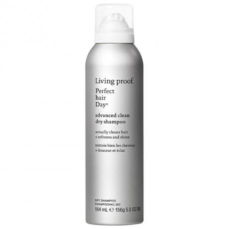 Living Proof Perfect hair Day (PhD) Dry Shampoo με γκρι αεροζόλ με λευκό καπάκι σε λευκό φόντο