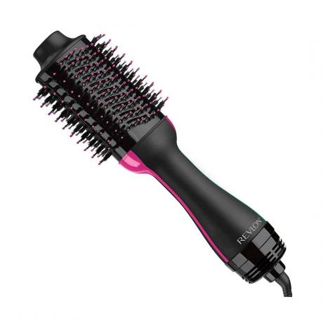 Revlon One-Step-Haartrockner und Volumizer-Heißluftbürste in Rosa und Schwarz auf weißem Hintergrund