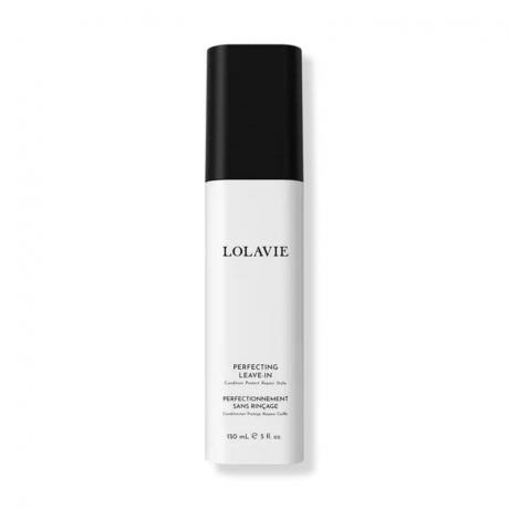 LolaVie Perfecting Leave-In: una botella rectangular blanca con tapa negra y texto negro sobre fondo blanco.