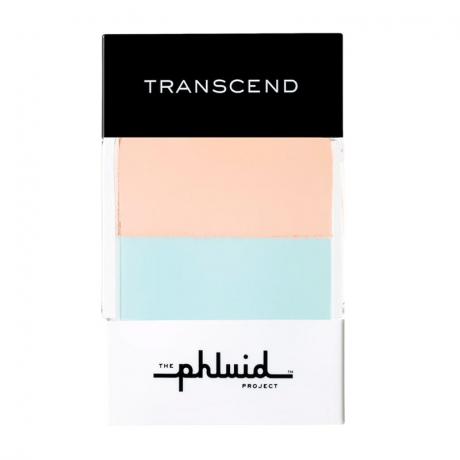 The Phluid Project Transcend Bi-Phase Eau de Parfum sticla de parfum cu dungi albastre pastel si roz, cu baza alb opac si blat negru pe fundal alb