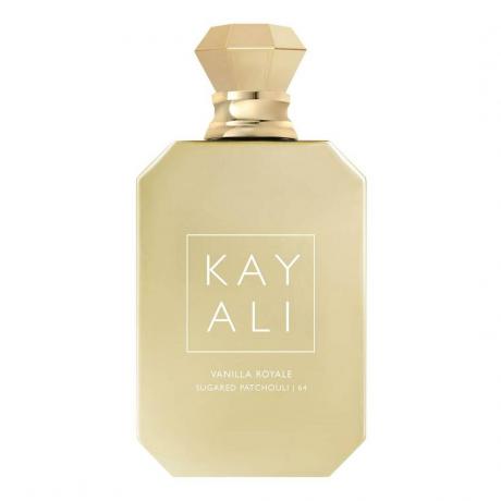 Beyaz arka planda Kayali Vanilla Royale altın parfüm şişesi