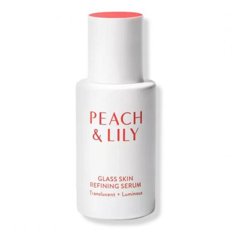 Siero per raffinazione della pelle in vetro Peach & Lily moderno flacone di siero bianco su sfondo bianco