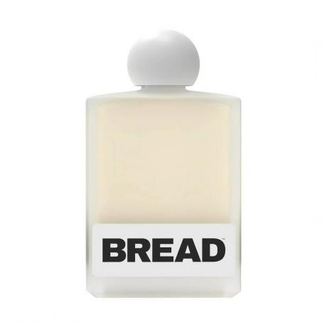 Bread Beauty Supply Macadamia Oil botol persegi minyak kuning pucat dengan tutup perhiasan putih dengan latar belakang putih