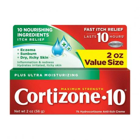 Cortizone 10 მაქსიმალური სიძლიერე 1% ჰიდროკორტიზონი ქავილის საწინააღმდეგო კრემი წითელი ყუთი თეთრ ფონზე