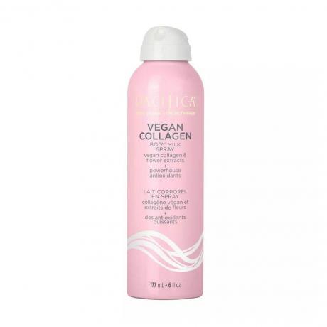 Pacifica Vegan Collagen Body Milk Spray botol semprotan merah muda dengan nosel putih dengan latar belakang putih