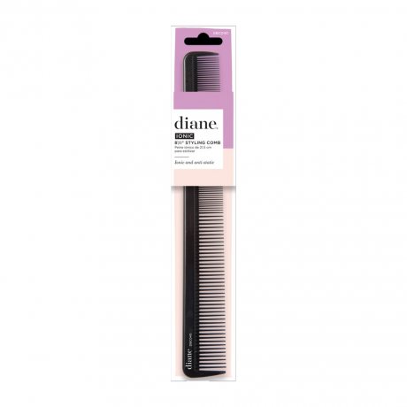 Diane Ionic Anti-Static Styling Peigne peigne noir dans une boîte rose et violette sur fond blanc