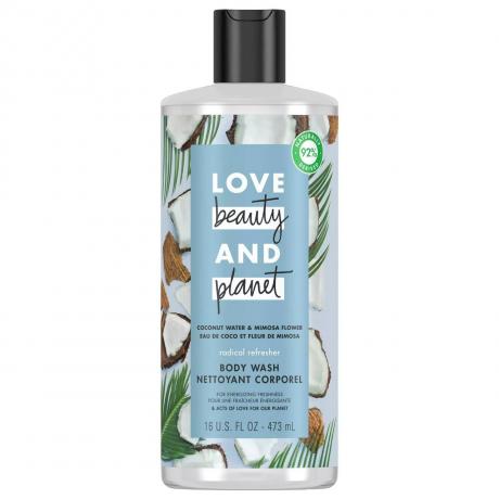 Love Beauty & Planet Săpun de spălat pentru corp răcoritor, apă de cocos și mimoză pe fundal alb