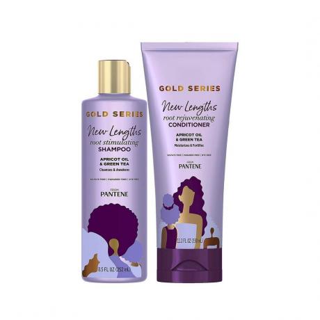 Pantene Gold Series Root Stimulating Shampoo ja Root Rejuvenating Conditioner kaks lillat pudelit šampooni ja palsamit valgel taustal