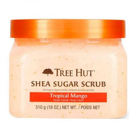 Tree Hut Shea Sugar Scrub ტროპიკული მანგოს ღია ნარინჯისფერი ქილა თეთრ ფონზე