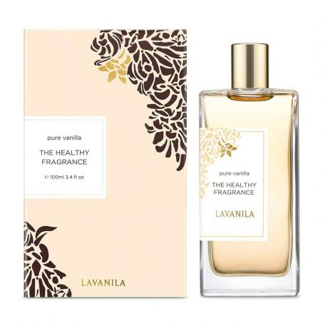 Lavanila The Healthy Fragrance Pure Vanilla rektangelflaska med ljusgul parfym med guldlock och ljusgul ask på vit bakgrund
