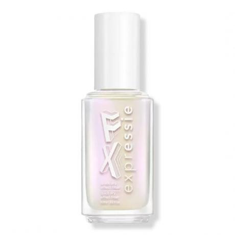 Пляшка райдужного лаку для нігтів Essie Expressie FX Nail Polish in Iced Out Top Coat з білою кришкою на білому тлі