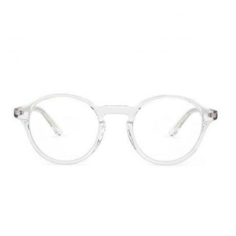 バーナーストアディッチクリスタルの女性は白い背景の上の透明なメガネ 