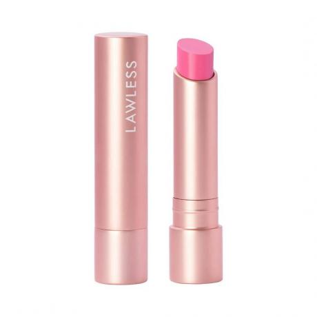 Lawless Forget The Filler Lip-Plumping Line-Smoothing Tinted Balm Stick Roségoldene Tube mit leuchtend rosa Lippenbalsam auf weißem Hintergrund