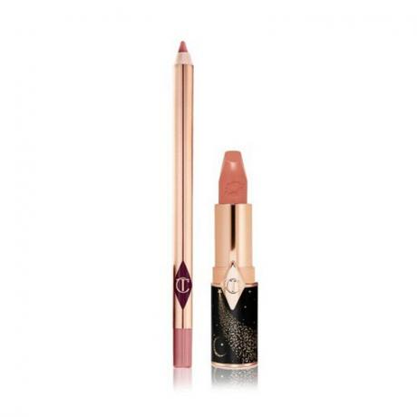 Charlotte Tilbury Hot Lips 2 Lips Kit matita labbra oro rosa e rossetto su sfondo bianco