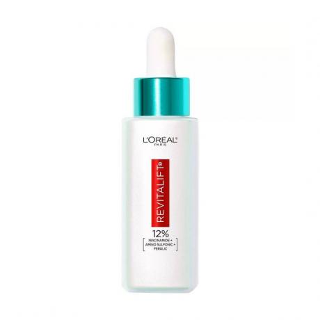 L'Oréal Paris Revitalift Derm Intensives %12 Niasinamid + Amino Sülfonik + Ferulik Asit Koyu Leke Serumu beyaz zemin üzerine turkuaz ve beyaz damlalıklı beyaz serum şişesi