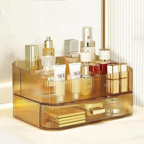 Miuopur Makeup Organizer กล่องใส่เครื่องสำอางเนื้อสันสีทองพร้อมลิ้นชักบนโต๊ะเครื่องแป้งสีขาว