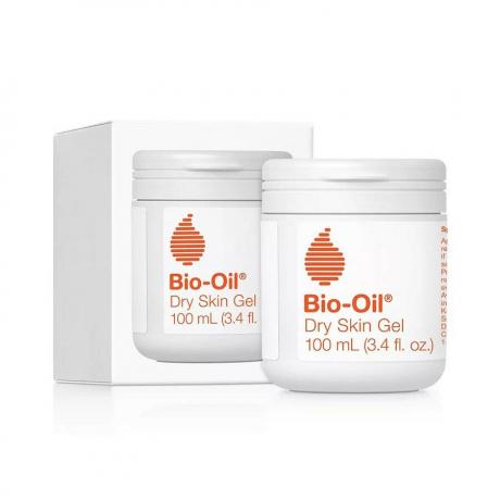 Bio-Oil Dry Skin Gel valkoinen purkki, jossa valkoinen laatikko valkoisella pohjalla