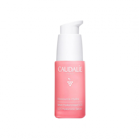 Caudalie Vinosource S.O.S Thirst-Quenching Serum розовая бутылка с дозатором белая крышка на белом фоне