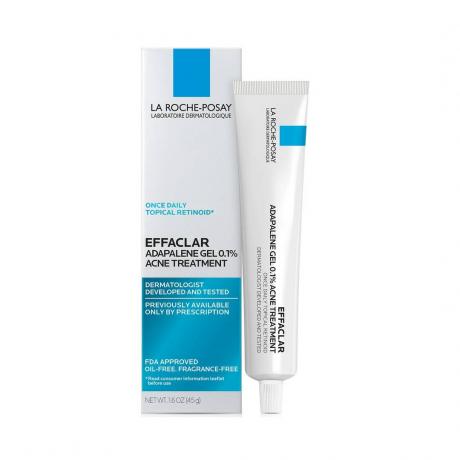 La Roche-Posay Effaclar Adapalene Gel 0.1％にきび治療の白と青のチューブ（ボックス付き）、白地に