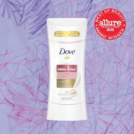 tabung Dove Even Tone Antiperspirant Deodorant Restoring Powder dengan latar belakang ungu
