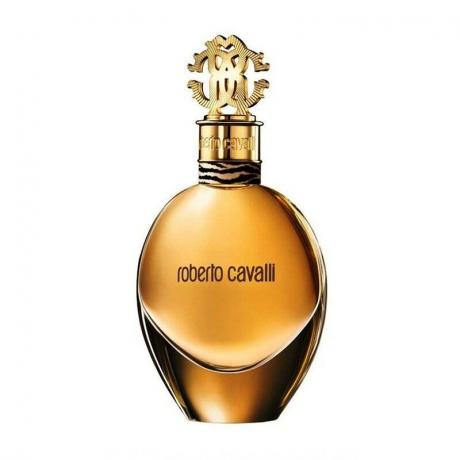 Auksinis Roberto Cavalli parfuminio vandens butelis baltame fone
