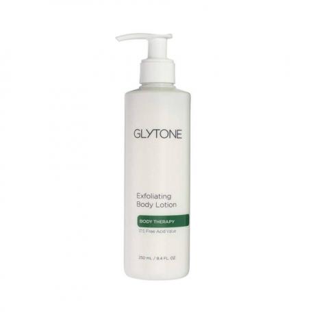 Glytone Exfoliating Body Lotion hvit flaske lotion med pumpedispenser på hvit bakgrunn