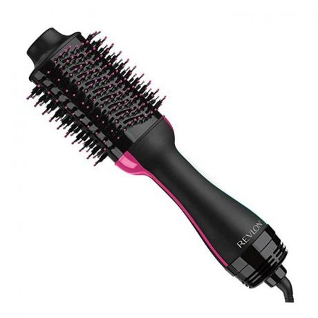 Uscătorul de păr și peria cu aer cald Revlon One-Step Volumizer Plus 2.0, roz și negru, pe fundal alb