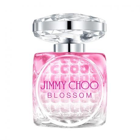 Jimmy Choo Blossom Special Edition 2022 Parfumska voda kvadratna roza in prozorna steklenička parfuma z velikim prozornim in srebrnim pokrovčkom na belem ozadju