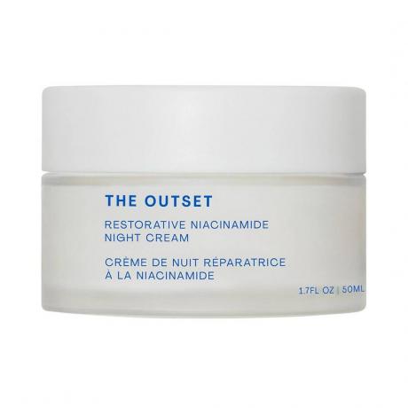 The Outset Restorative Niacinamide Night Cream valkoinen purkki valkoisella pohjalla