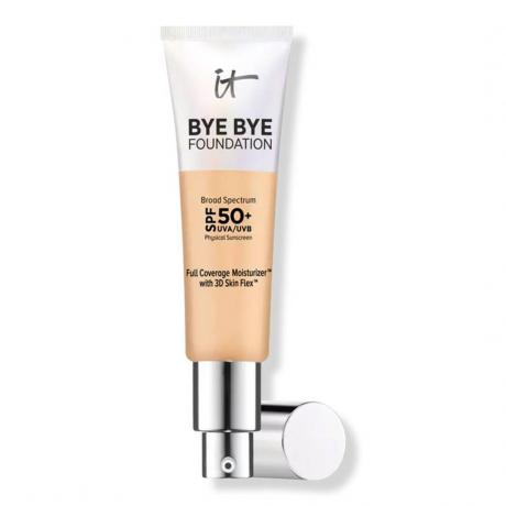 It Cosmetics Bye Bye Foundation Crème hydratante à couverture complète avec SPF 50+ tube de fond de teint blanc et transparent sur fond blanc