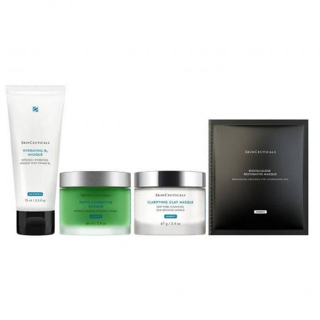 مجموعة هدايا Skinceuticals At Home Masking من أربعة منتجات على خلفية بيضاء