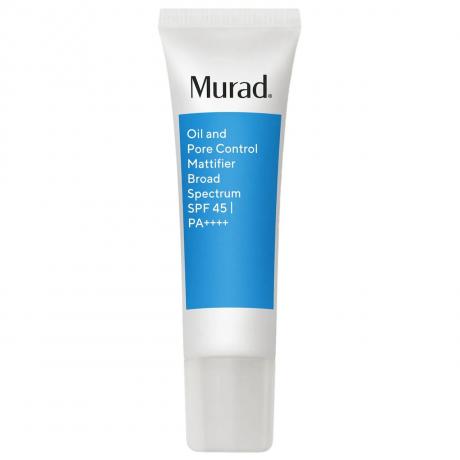 Murad Acne Control Oil and Pore Control Mattifier Broad Spectrum SPF 45 hvit tube med blå etikett på hvit bakgrunn